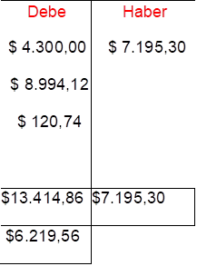 Debe	Haber
$ 4.300,00	$ 7.195,30
$ 8.994,12	
$ 120,74	
$13.414,86	$7.195,30
$6.219,56	

